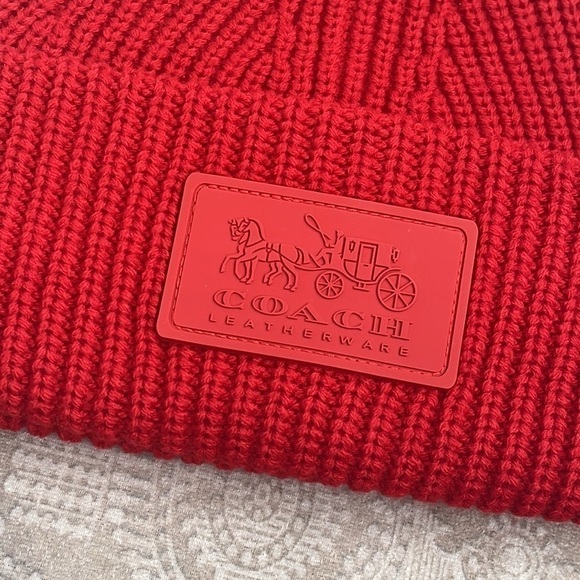 NWOT Coach Ribbed Knit Patch Beanie Sport Red Winter Cap Cuffed Hat